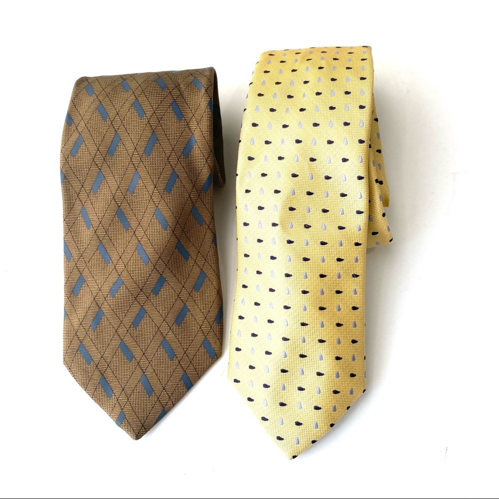 NORDSTROM 2pc Mens Classic and Slim Yellow Brown Patterned 100% Silk Neckties V2